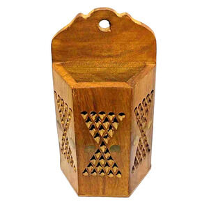 Carved Teak Wood Match Box Incense Wall Pocket Pierced Pattern Brass Studs Inlay